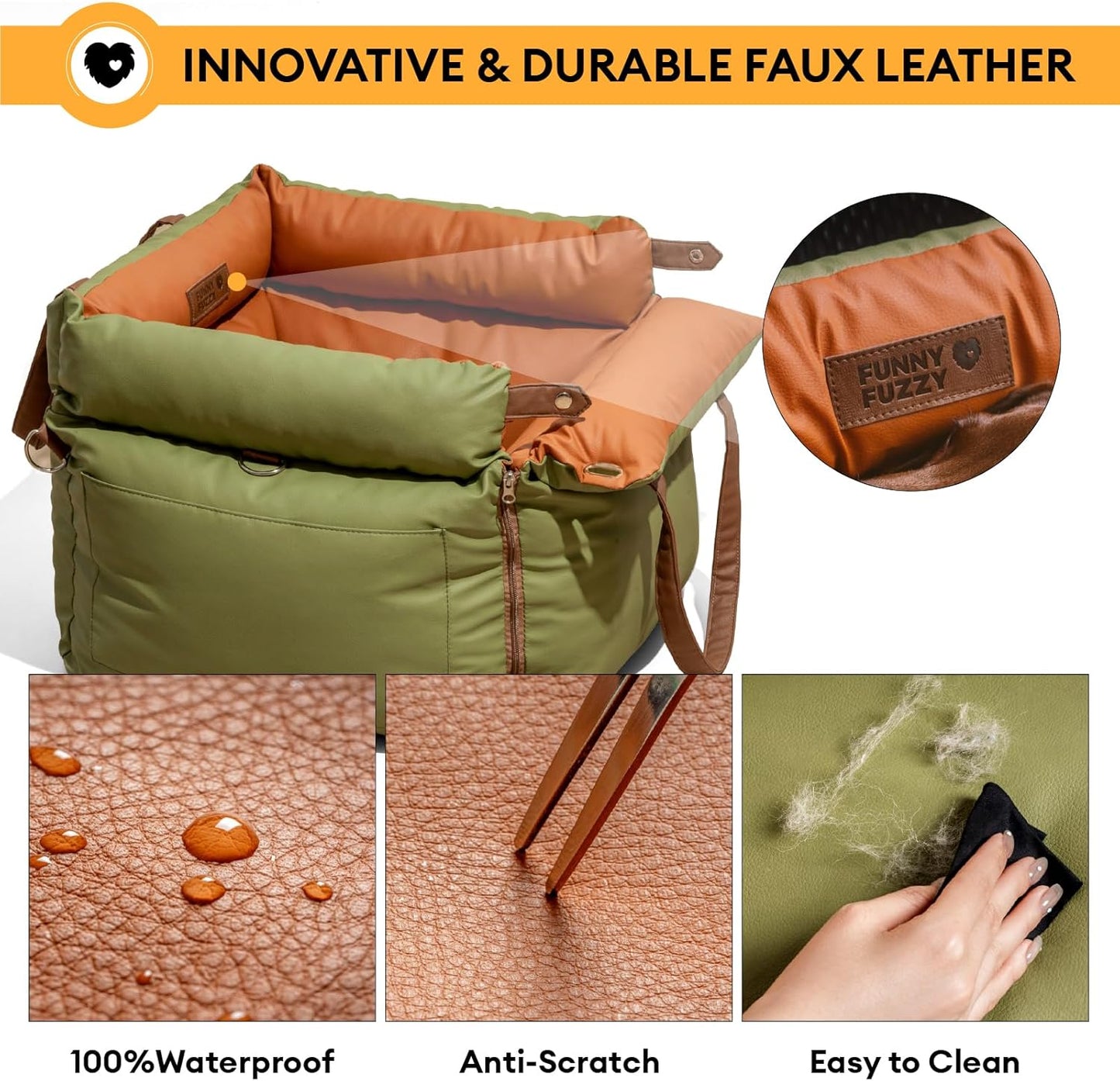 FUNNYFUZZY Leather Dog Car Seat for Small & Medium Sized Dogs Up to 35lbs, Waterproof and Washable Dog Booster Seat Car Bed for Travel and Home,Portable and Safety(Green)