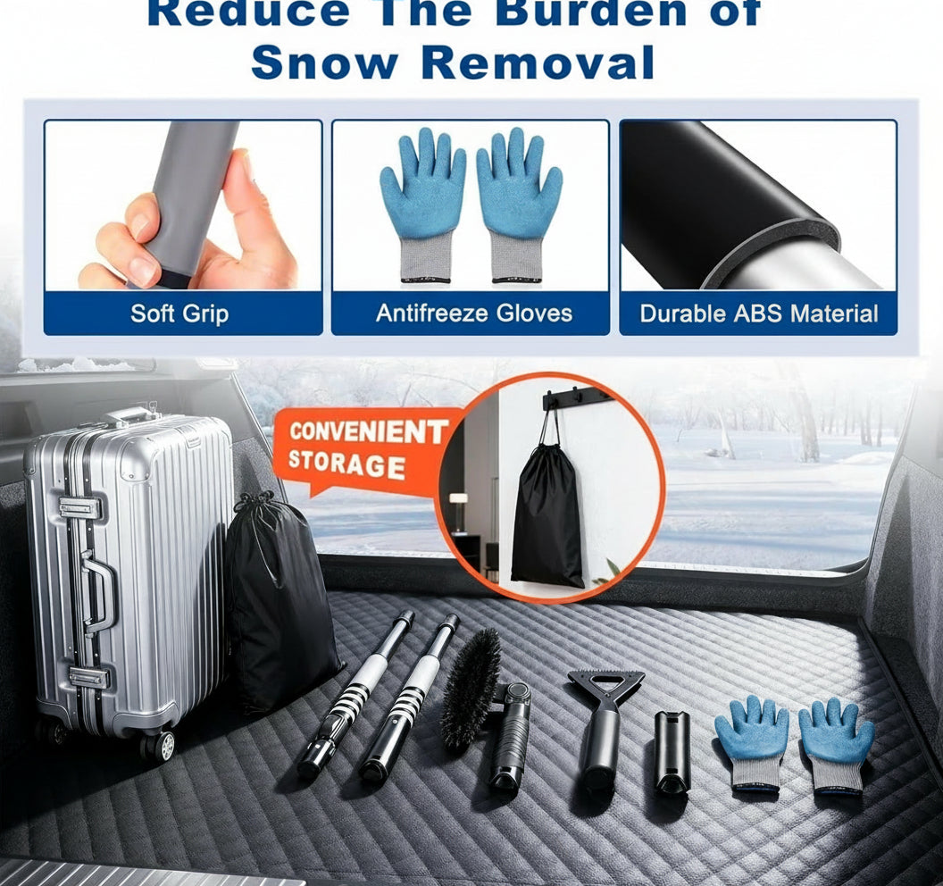 72" Extendable Long Snow Brush with Ice Scraper for Car Truck SUV Van - Soft Squeegee with 270° Pivoting Brush Head for Windshield Window - Snow Scraper & Antifreeze Gloves for Car Winter Accessories