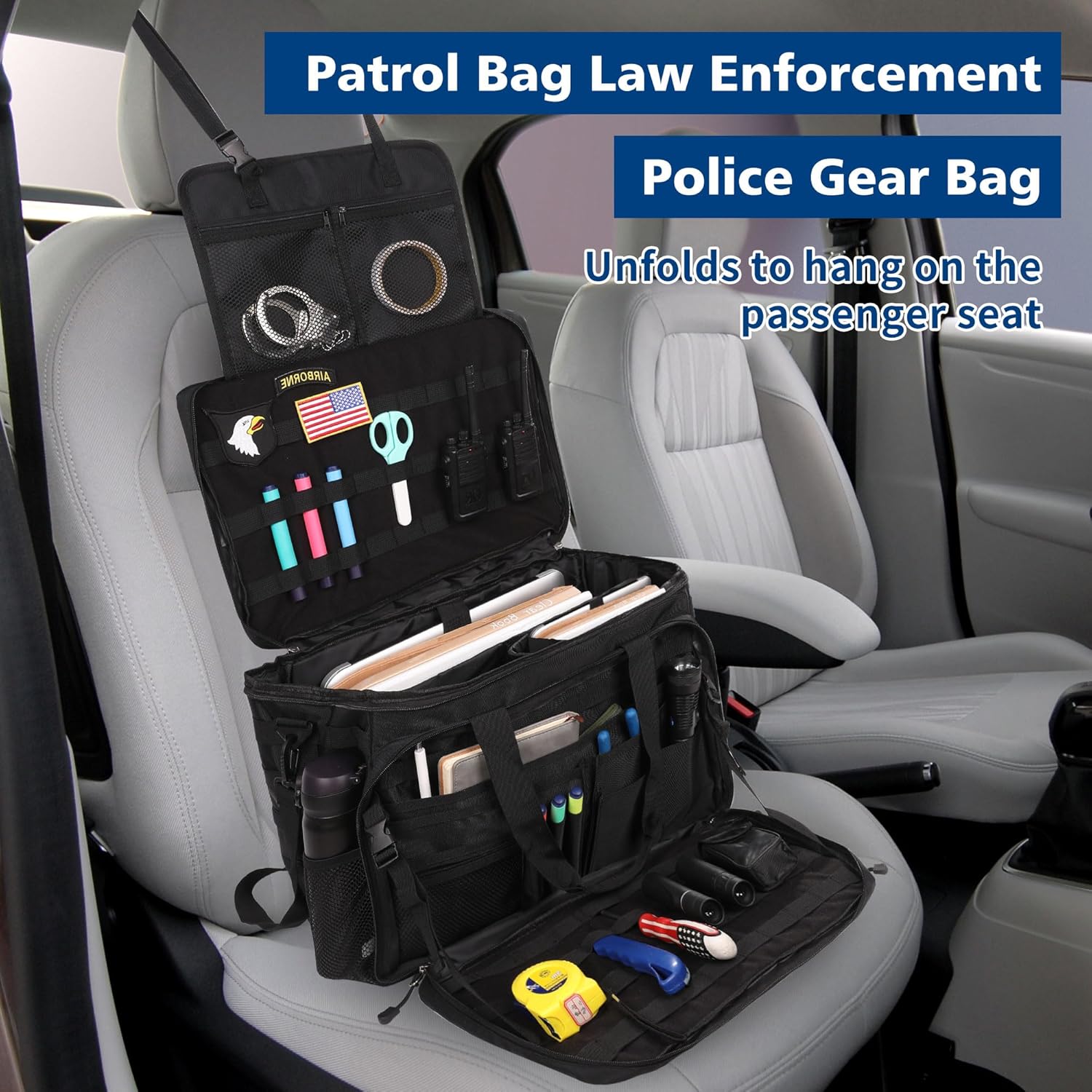 Patrol Bag Law Enforcement Police Gear for Car Front Seat Organizer Police Patrol Duty Bag for Vehicle Passenger Seat with MOLLE System (Black)
