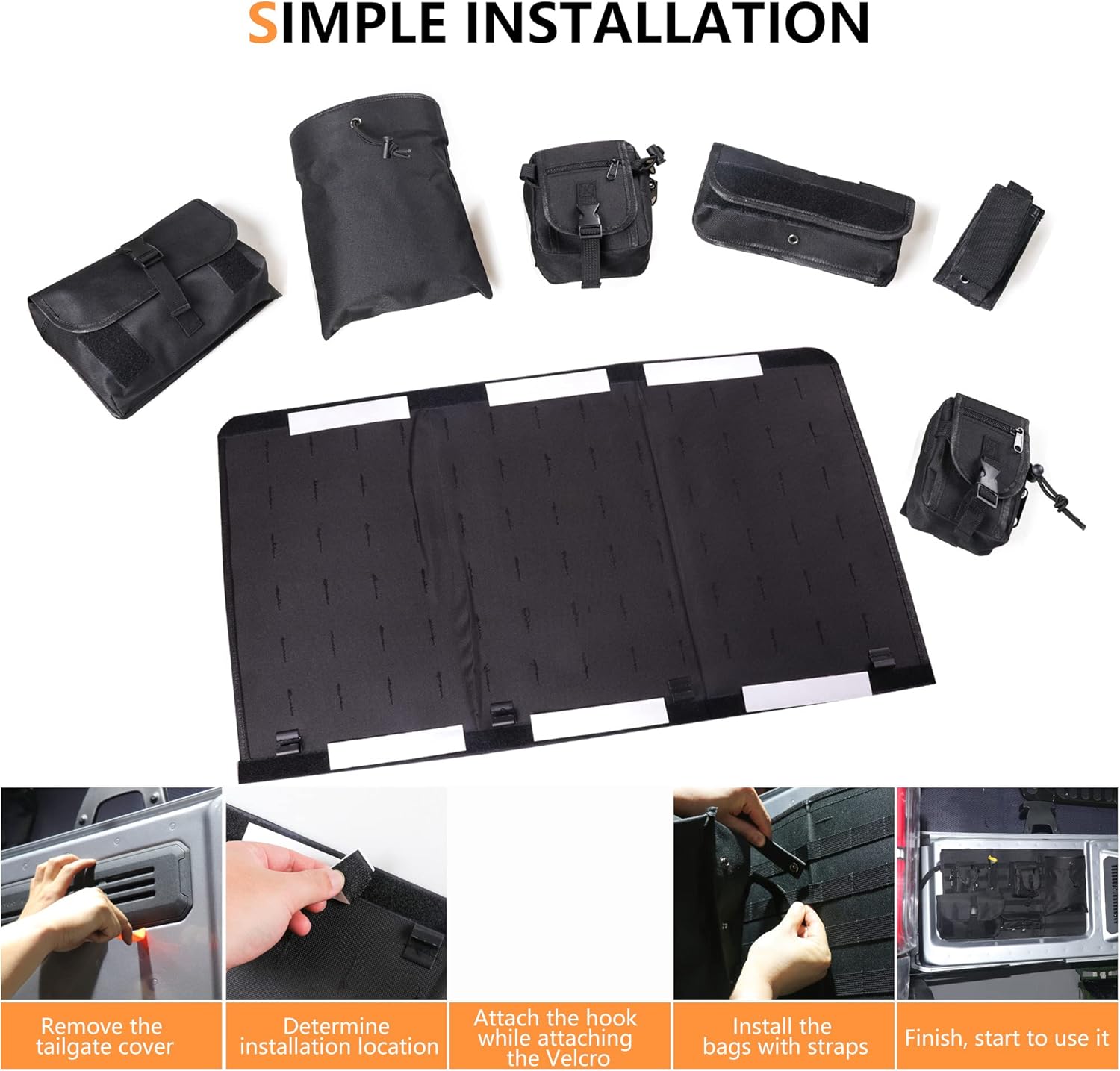 Tailgate Storage Bag for 2021 2022 2023 2024 2025 Ford Bronco 2/4 Door Interior Accessories Cargo Tools Organizer Rear Trunk Pockets Detachable Oxford Bags, 7Pcs/Set Black