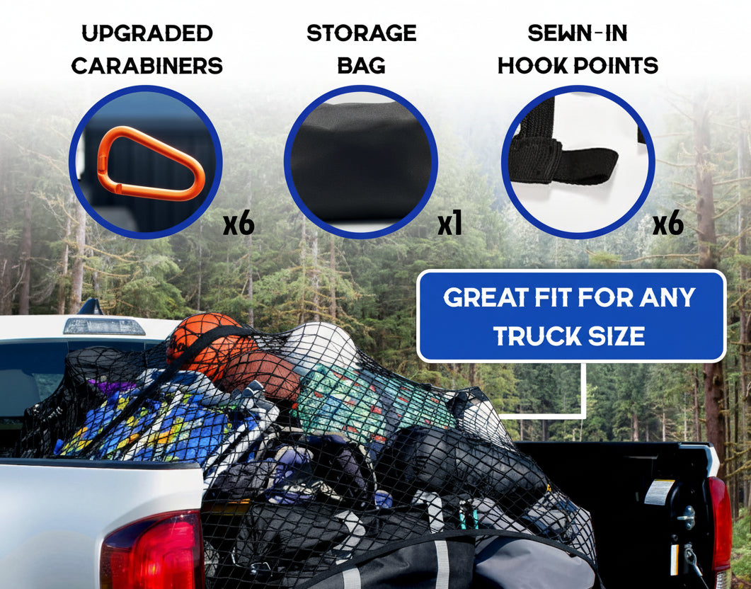 4'x4' Double Layer Elastic Cargo Net - Light Loads, Heavy-Duty Carabiners, USA Company