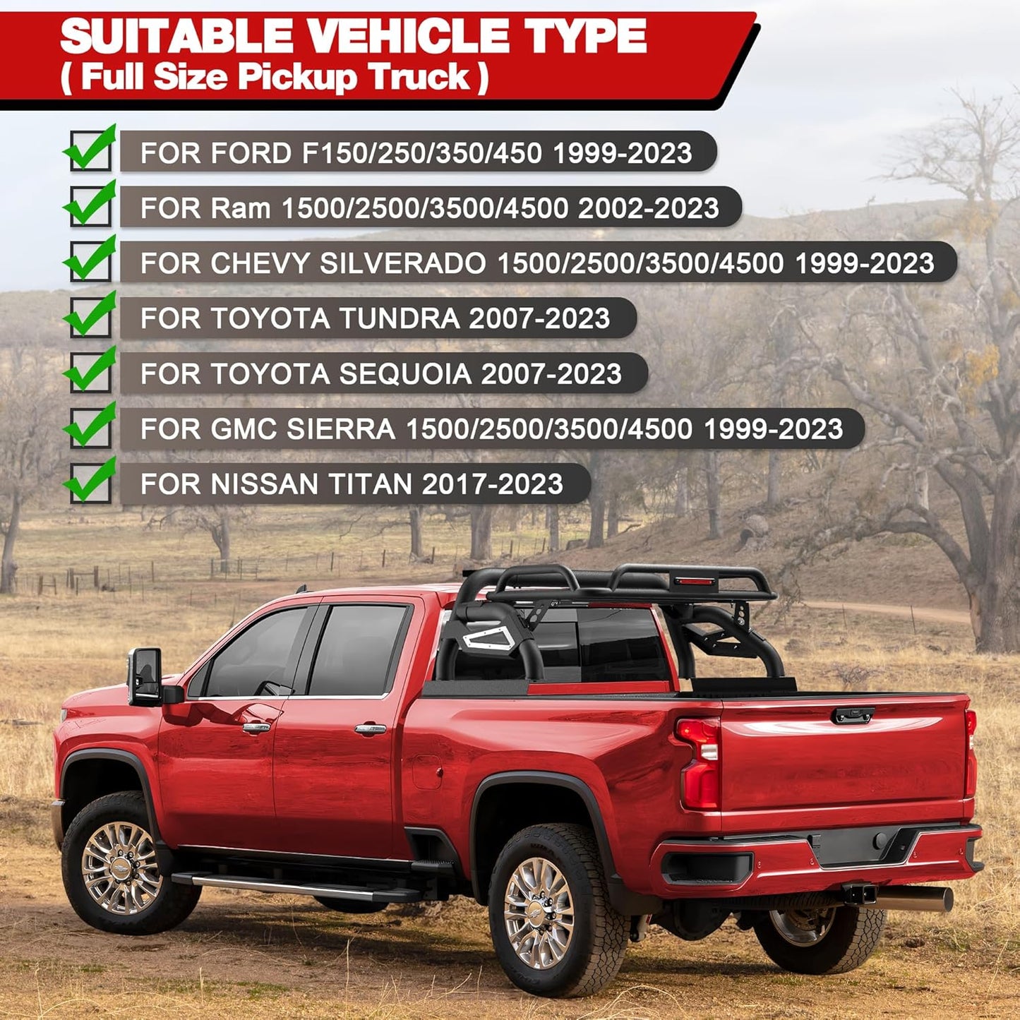 Truck Roll Bar with Cargo Carrier Basket for Full Size Trucks Heavy Duty Chase Rack Sport Bar Compatible with Ford F150, Ram 1500, Chevy Silverado, Tundra, Titan & GMC Sierra