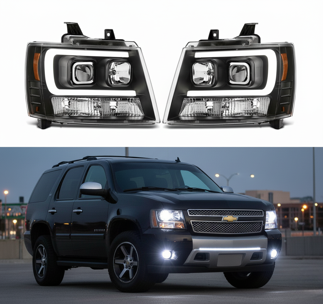 Black LED DRL Projector Head Lights Pair For 2007-2014 Chevy Tahoe/Suburban/Avalanche