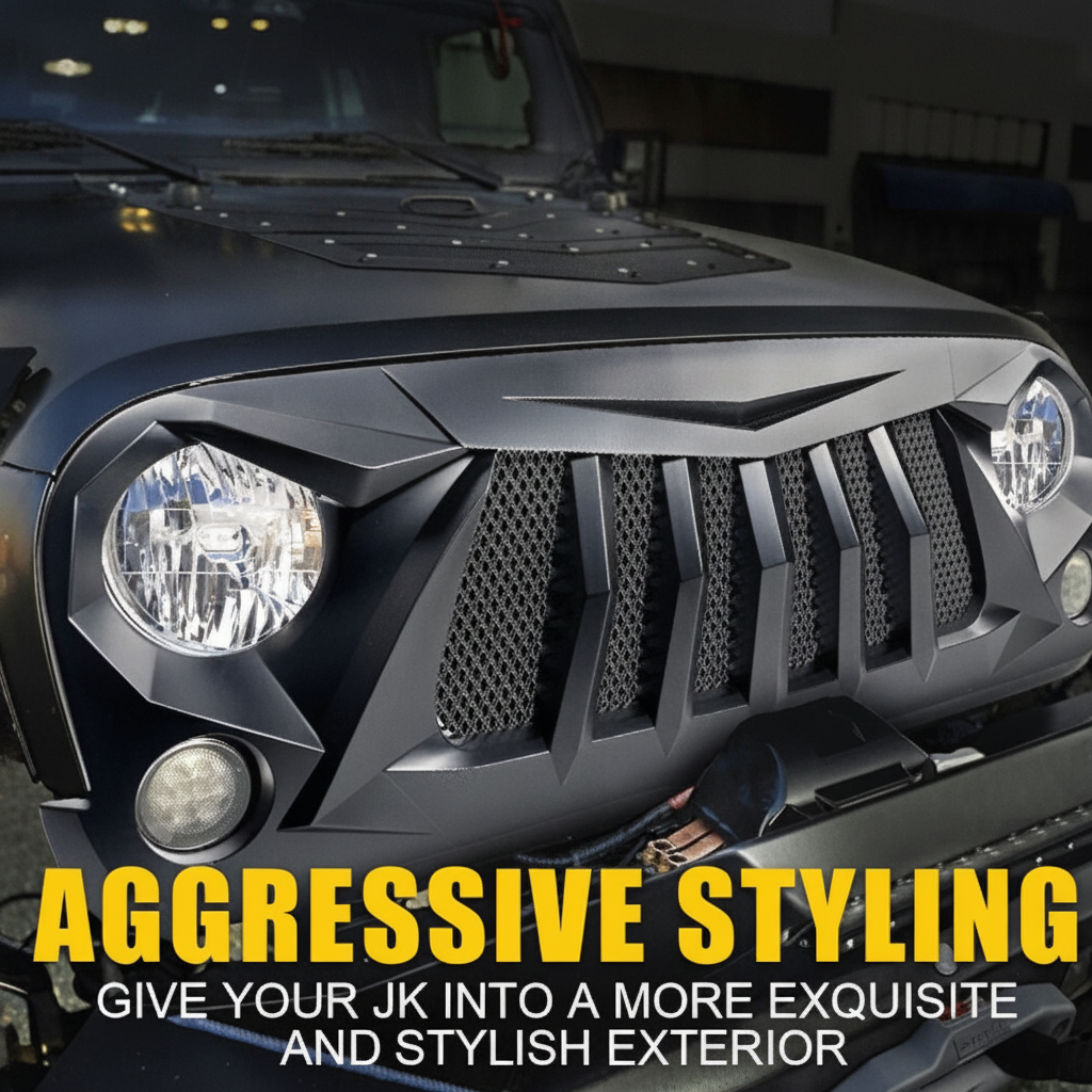 Matte Black Front Grill Grid Grille w/Mesh Compatible with Jeep Wrangler Rubicon Sahara Sport JK 2007-2018