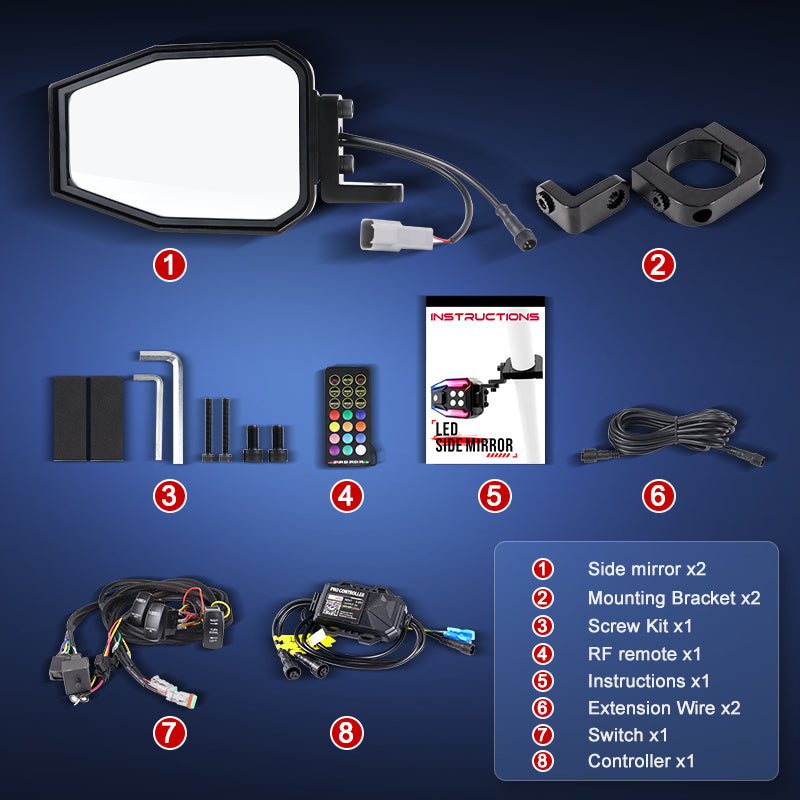 Upgraded Side Mirror Light for ATV UTV fit 1.5-2.5 inch roll cage - OHMU