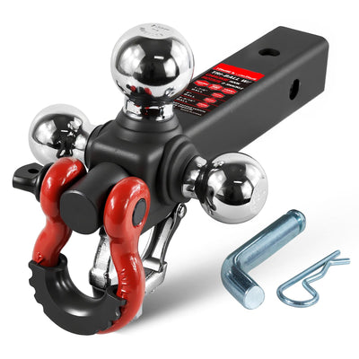 10,000 lb Tri-Ball Mount with Shackle for 2" Hitch - Rotatable Locking, Chrome Balls (1-7/8"/2"/2-5/16")