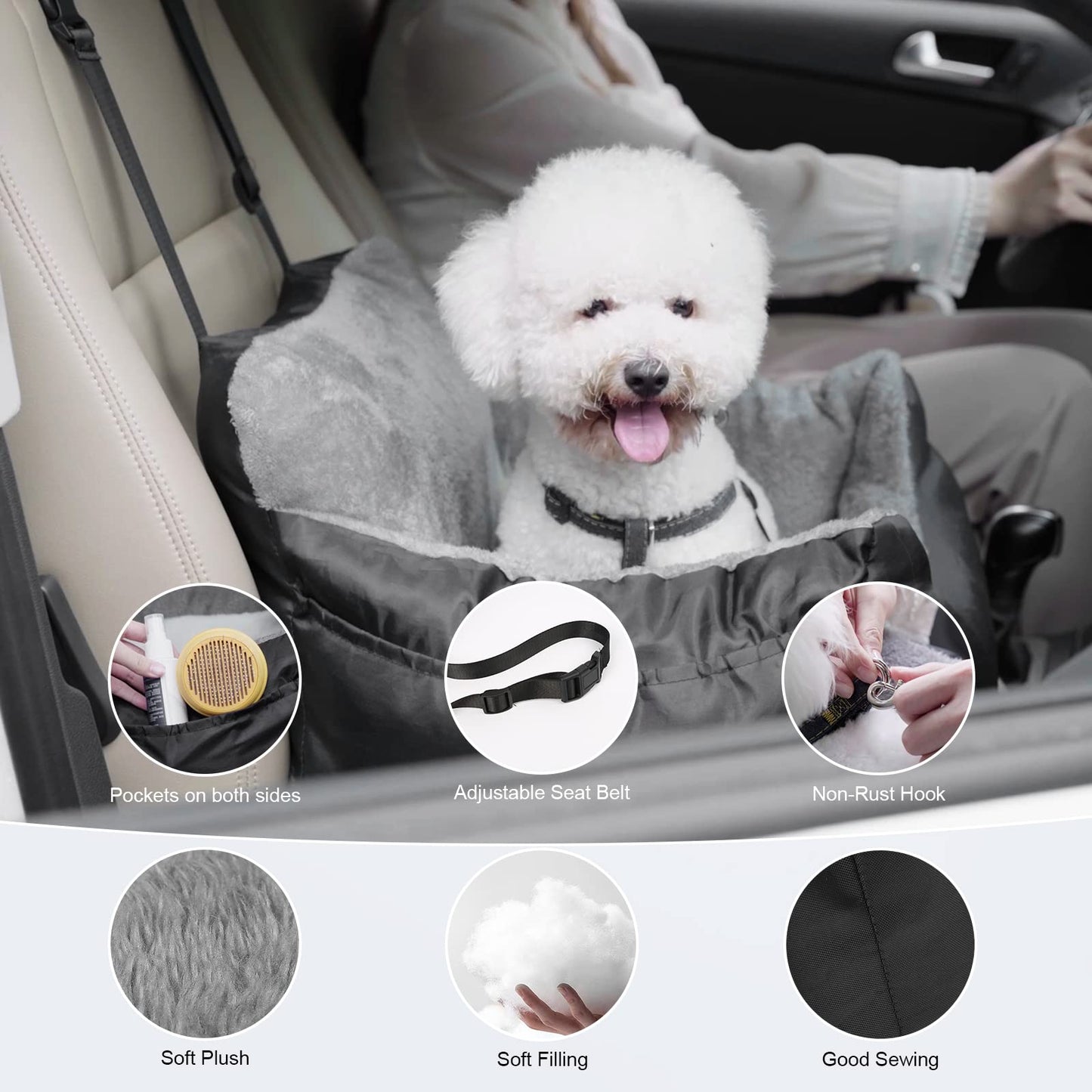 Dog Car Seat with Storage Pockets and Clip-On Leash Portable Car Travel Carrier Bed for Small Dogs