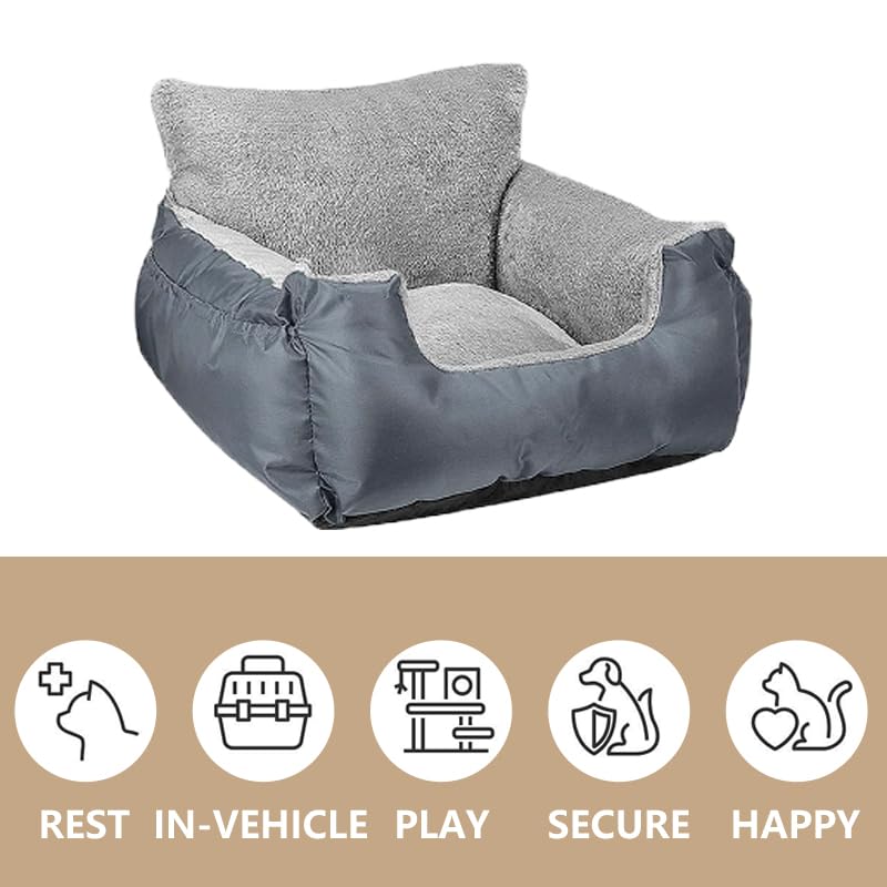 Dog Car Seat with Storage Pockets and Clip-On Leash Portable Car Travel Carrier Bed for Small Dogs