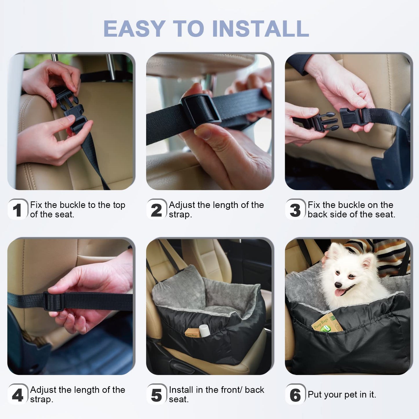 Dog Car Seat with Storage Pockets and Clip-On Leash Portable Car Travel Carrier Bed for Small Dogs