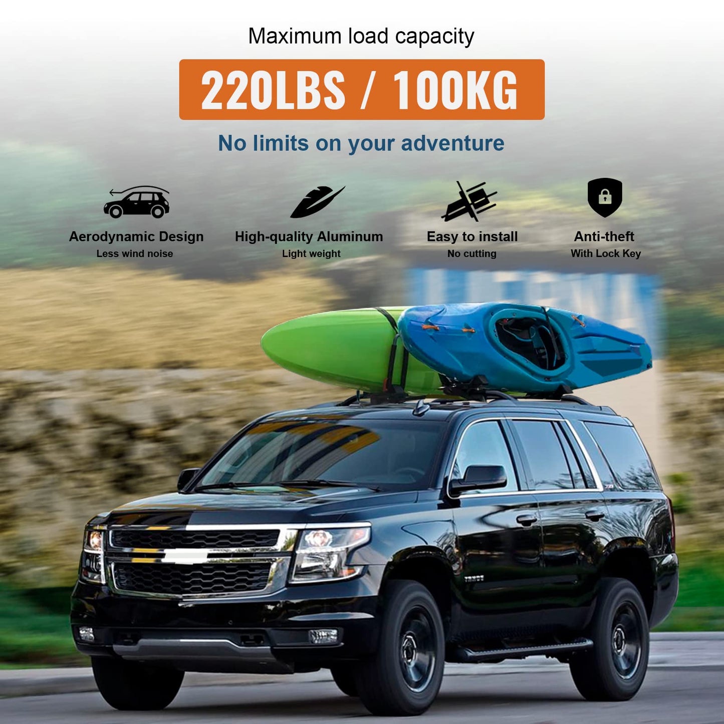 Heavy Duty 220lb Roof Rack Cross Bars Fit for GMC Yukon & Yukon XL, Chevy Suburban & Tahoe 2015-2020, Cadillac Escalade & Escalade ESV, Chevrolet Aluminum Crossbar Rooftop Cargo Carrier