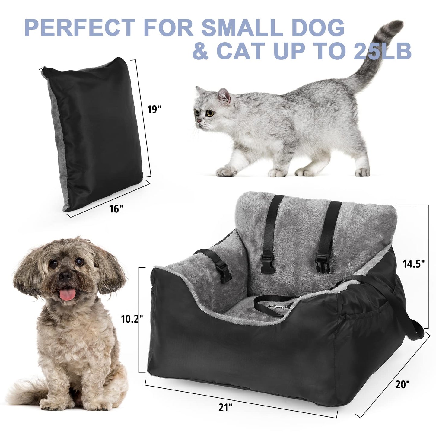 Dog Car Seat with Storage Pockets and Clip-On Leash Portable Car Travel Carrier Bed for Small Dogs