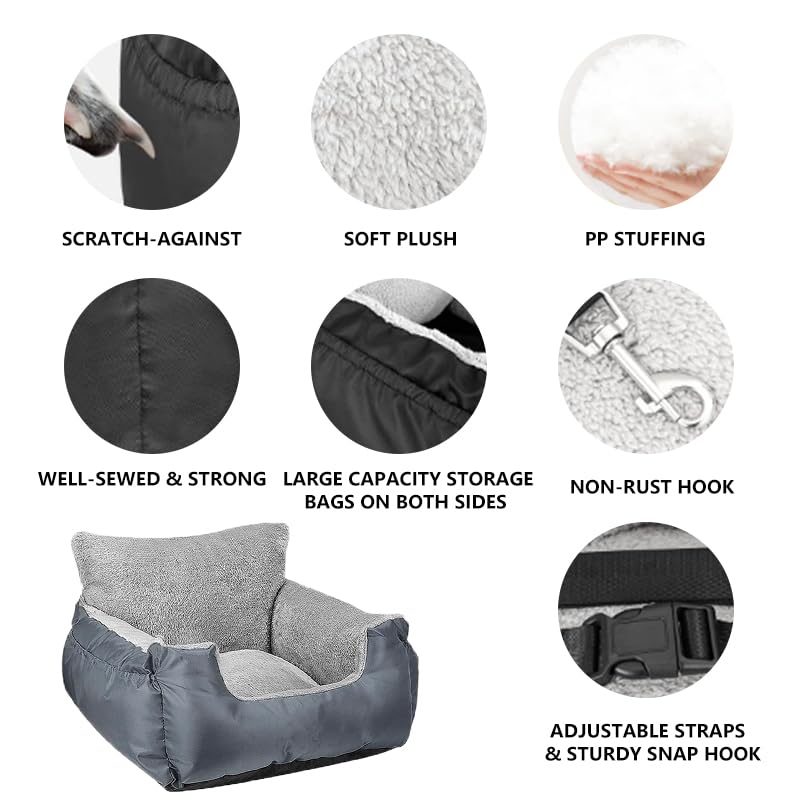 Dog Car Seat with Storage Pockets and Clip-On Leash Portable Car Travel Carrier Bed for Small Dogs