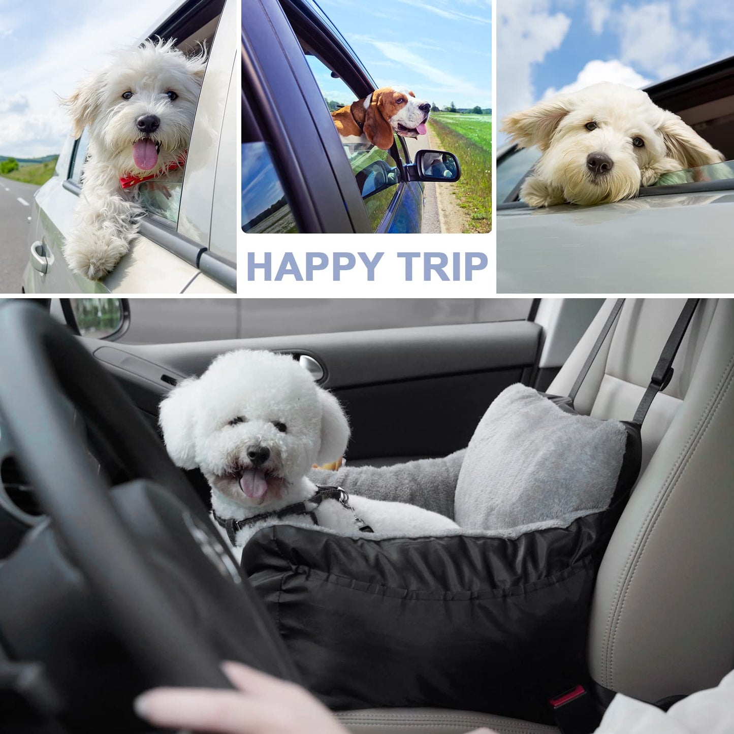Dog Car Seat with Storage Pockets and Clip-On Leash Portable Car Travel Carrier Bed for Small Dogs