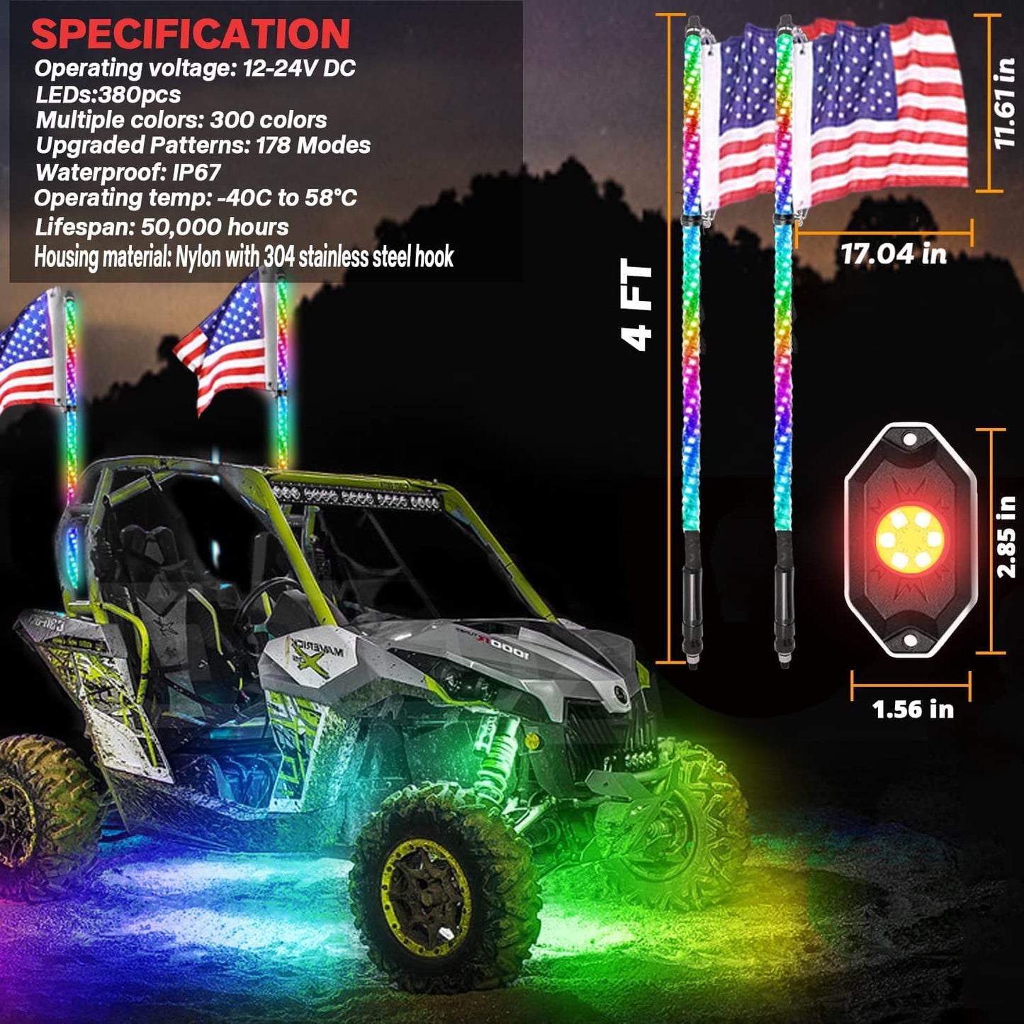 2Pcs 3/4 FT Sprial Chase RGB Whip Lights and 8 Rock Lights Cambo - OHMU