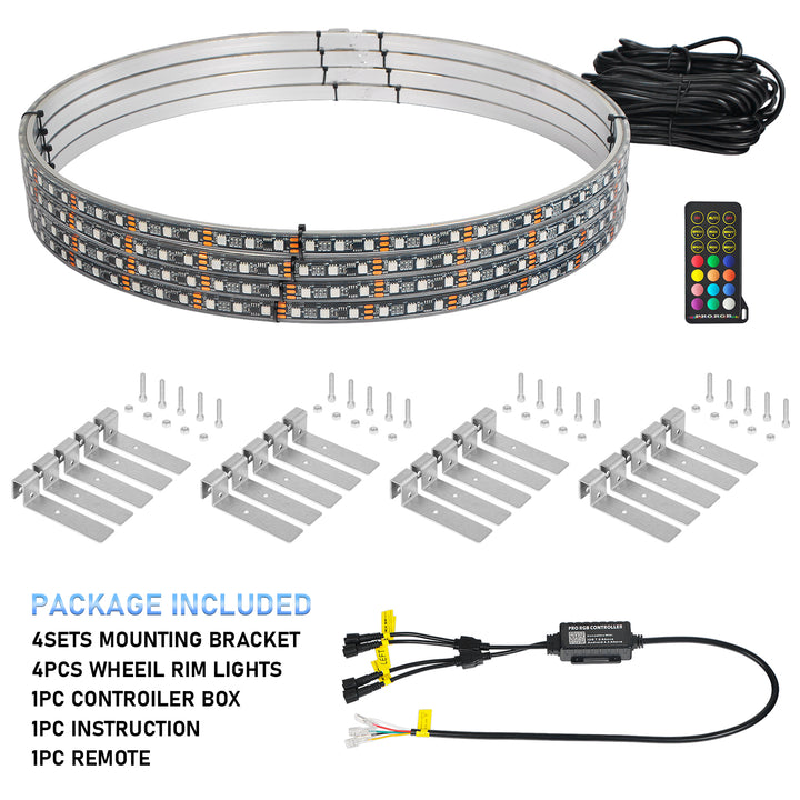 【EASY INSTALL】4Pcs 17 inch Led Wheel Ring Lighting Kit with 288LEDs Single Row Chasing Dancing Color Neon Rim Light with W/Turn Signal & Braking - OHMU