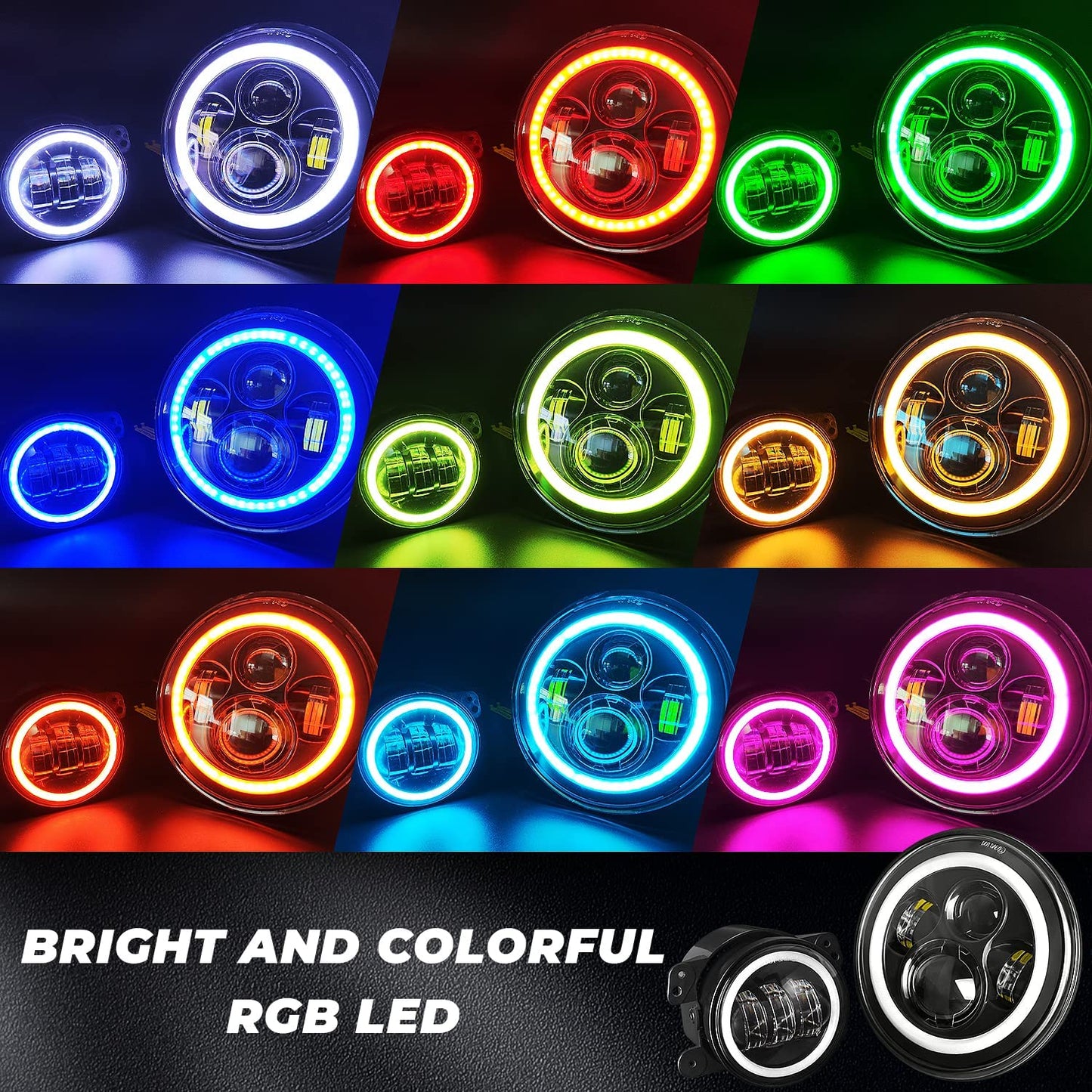 7 inch RGB Halo LED Headlights + 4 inch Fog Lights fits1997-2018 Jeep Wrangler TJ JK LJ - OHMU