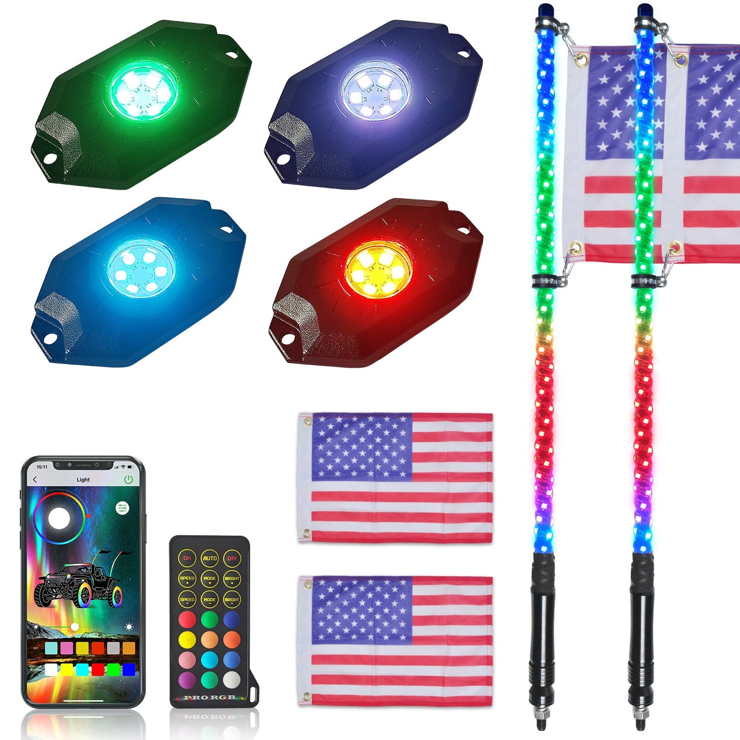 3/4FT 2Pcs Spiral RGB Whip Lights with 4 pods Rock Lights Cambo - OHMU