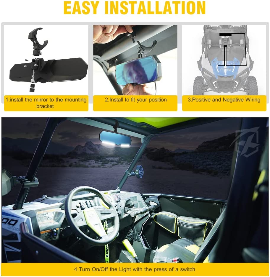 13" UTV Rearview Center Mirror, w/ COB LED Lights & Rocker Switch - OHMU