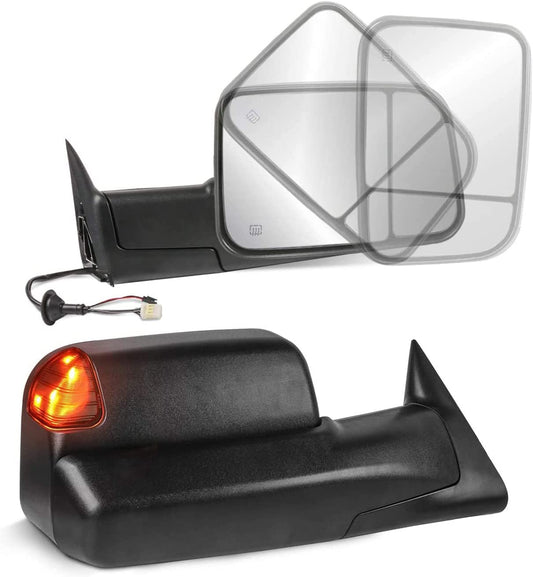 Towing Mirror Compatible for 1998-2002 Dodge Ram 1500 2500 3500 Power Heated Mirror w/ Led Turn Light (Black) - OHMU