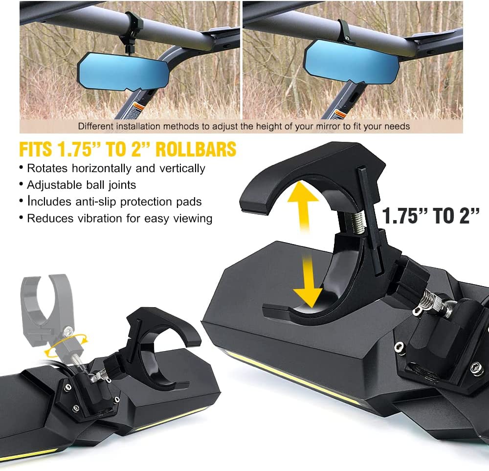 13" UTV Rearview Center Mirror, w/ COB LED Lights & Rocker Switch - OHMU