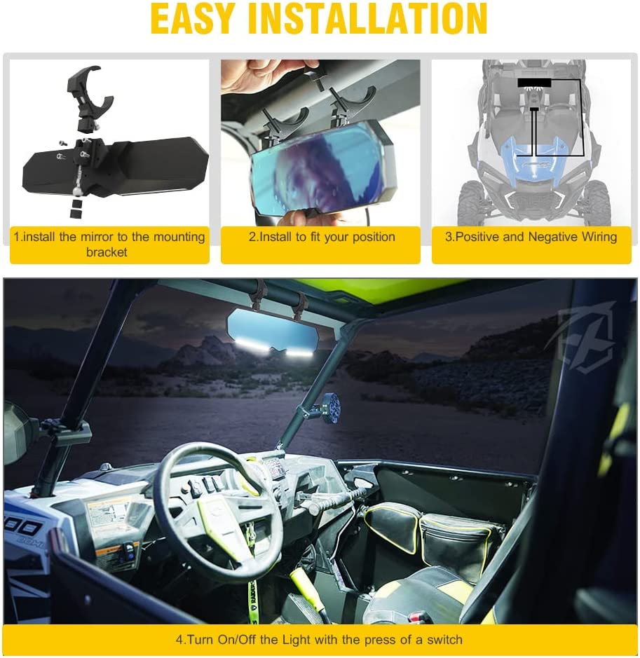 17" UTV Rearview Center Mirror, w/ COB LED Lights & Rocker Switch - OHMU