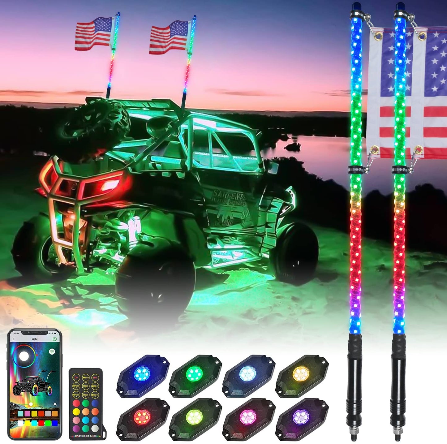 2Pcs 3/4 FT Sprial Chase RGB Whip Lights and 8 Rock Lights Cambo - OHMU