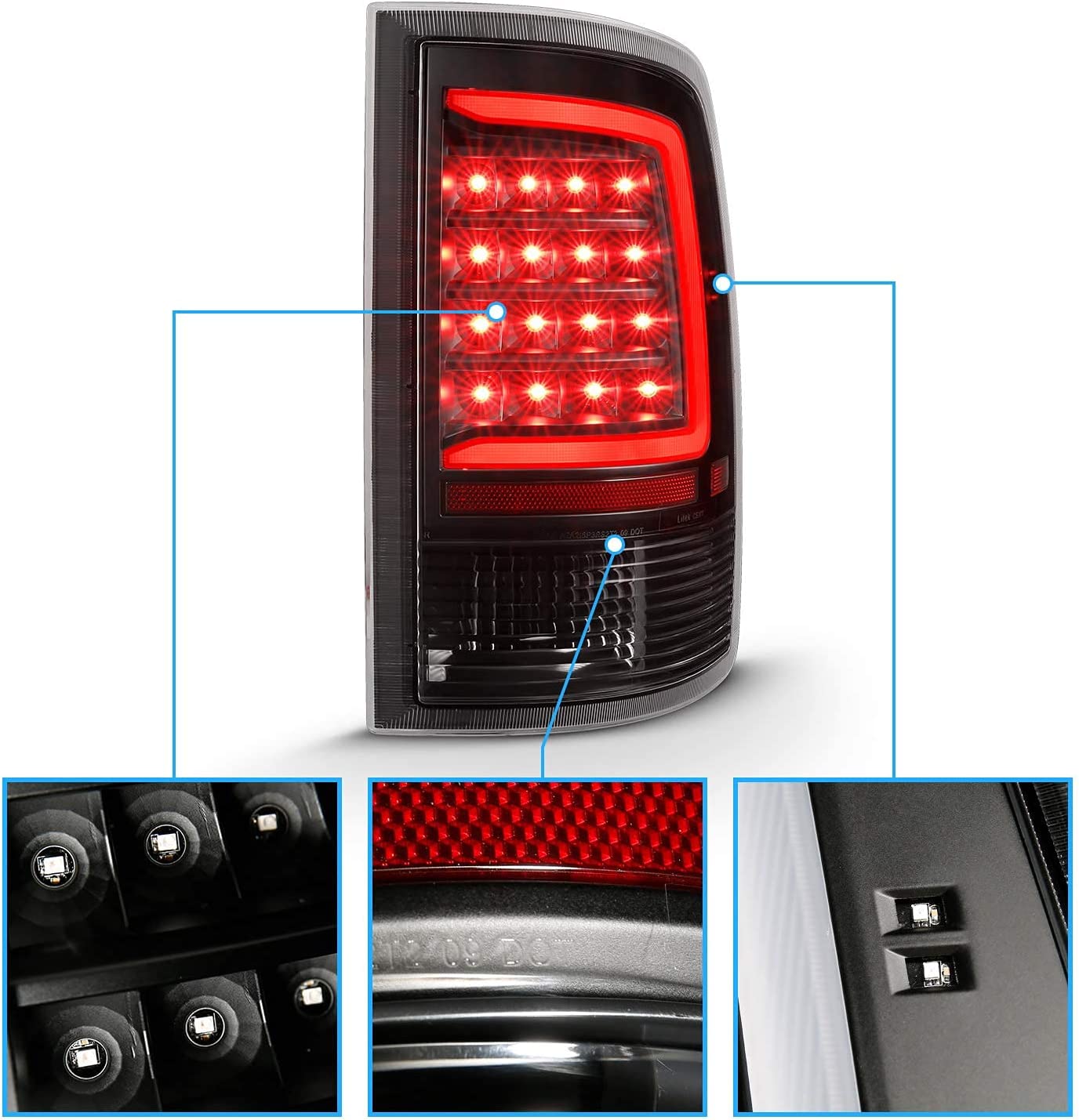C-Type LED Tube Black Tail Light Fits 2009-2022 Dodge Ram 1500 / 10-22 Ram 2500 3500 Truck