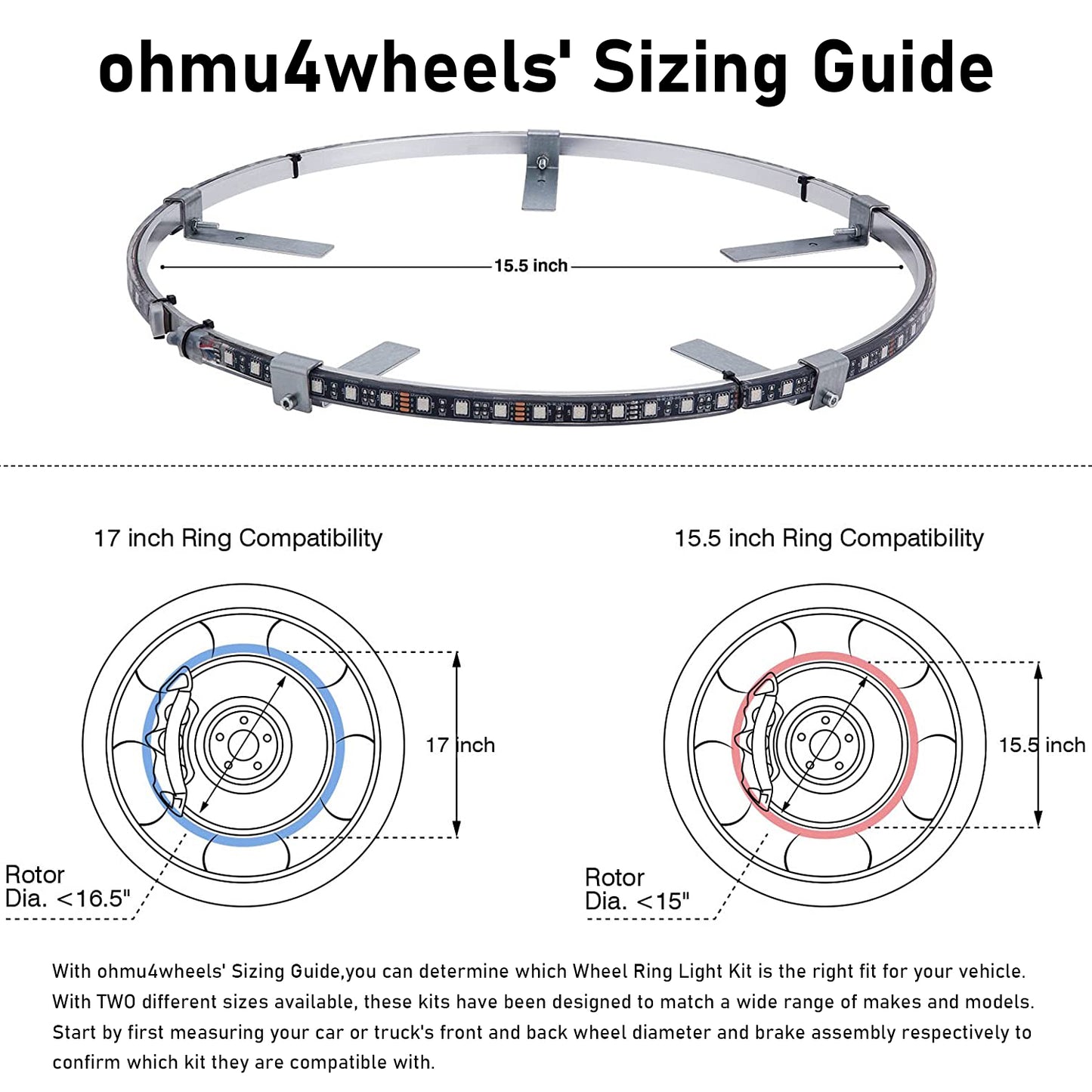 【EASY INSTALL】4Pcs 15.5 inch Led Wheel Ring Lighting Kit Single Row Chase Dancing Color Neon Rim Light with W/Turn Signal & Braking - OHMU