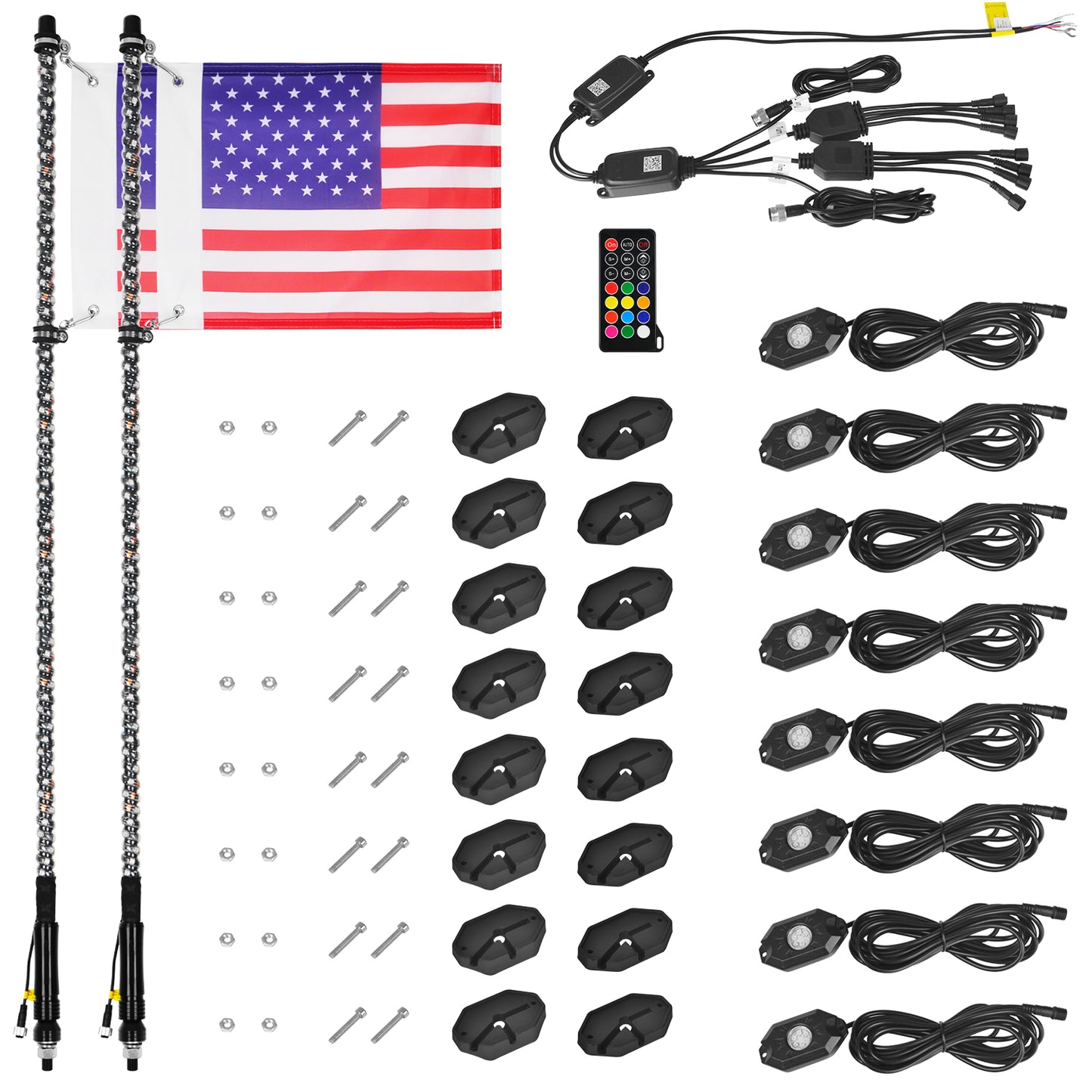 2Pcs 3/4 FT Sprial Chase RGB Whip Lights and 8 Rock Lights Cambo - OHMU