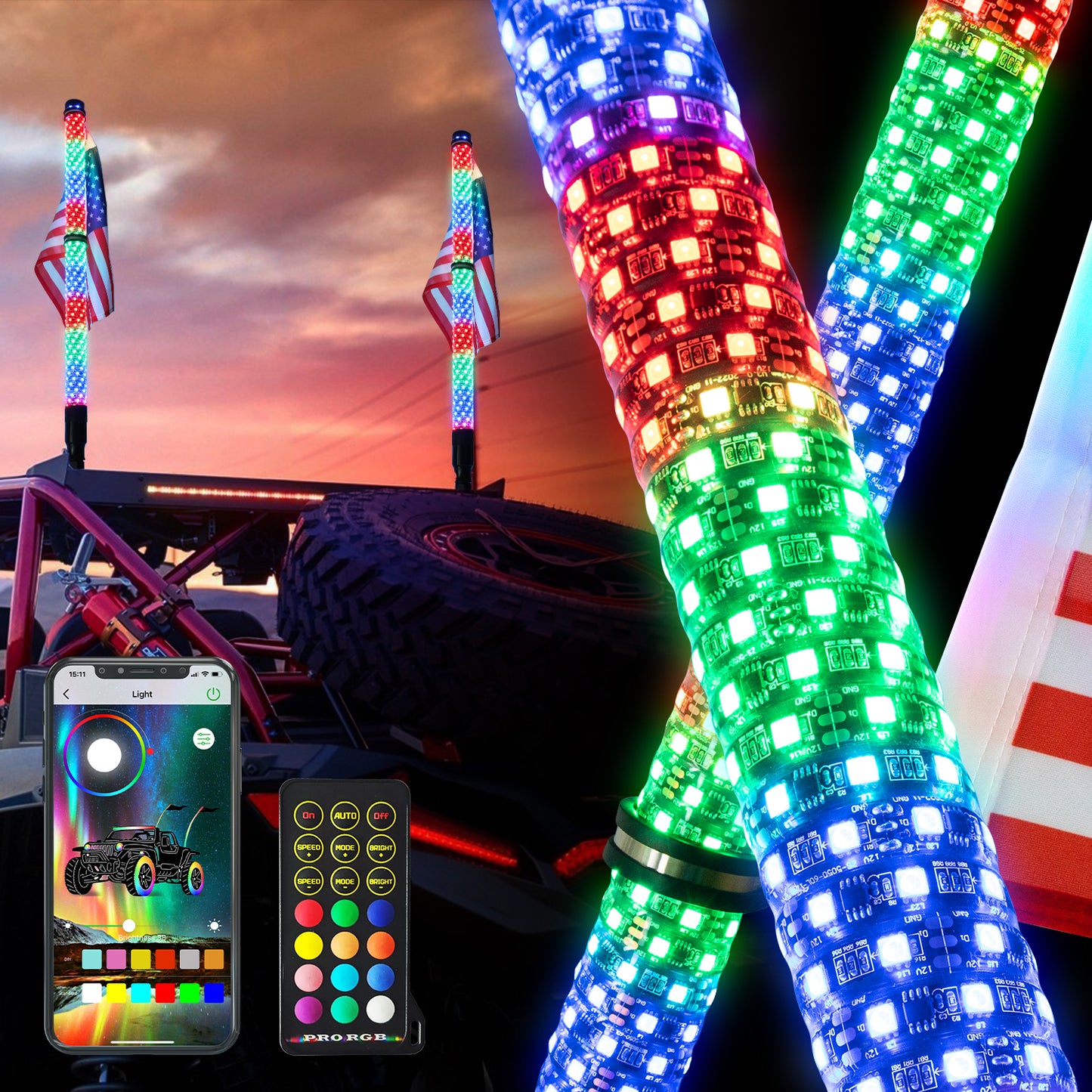 2FT/3FT Pair of RGB Chasing Fat Whips Lights with Bluetooth and Remote - OHMU