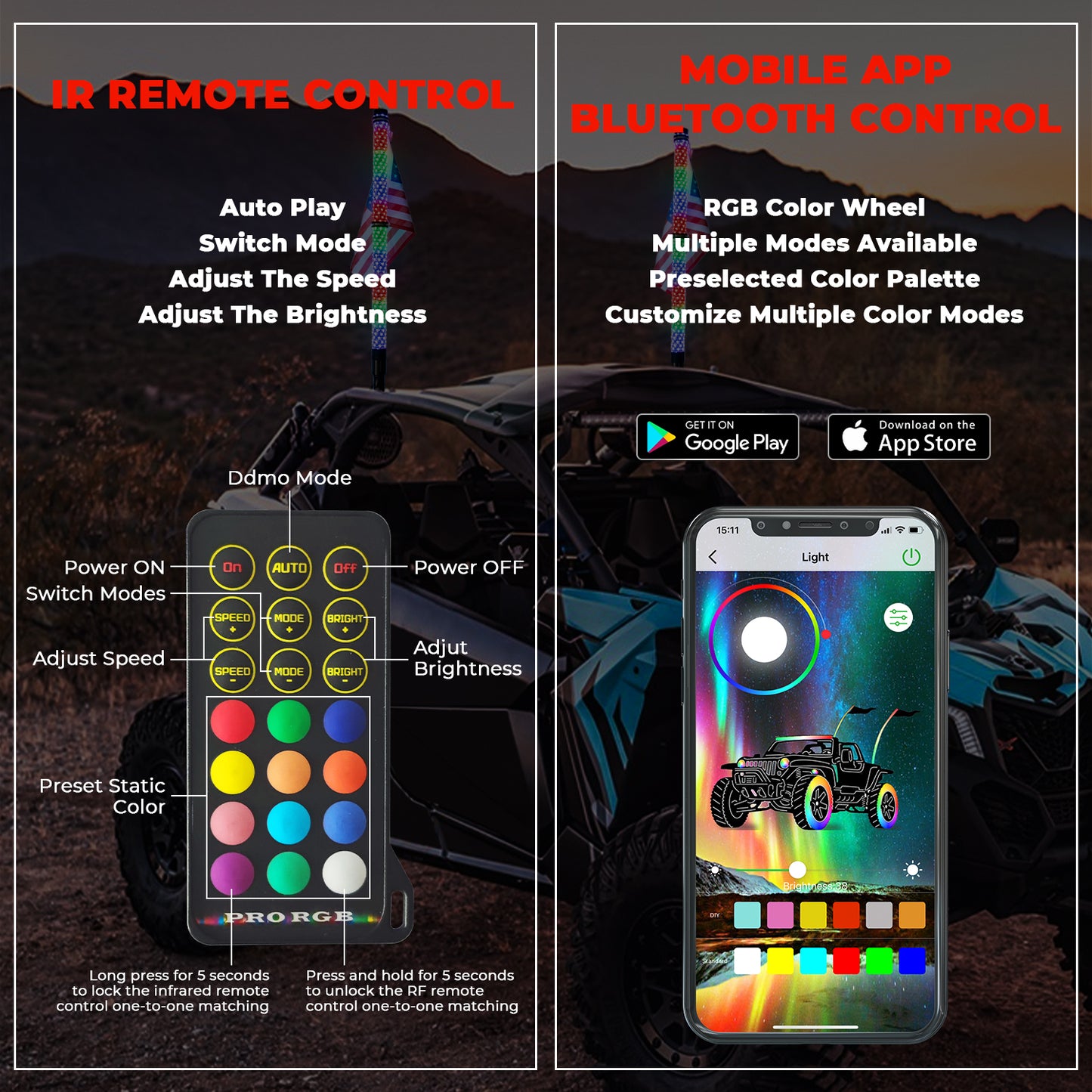 2FT/3FT Pair of RGB Chasing Fat Whips Lights with Bluetooth and Remote - OHMU