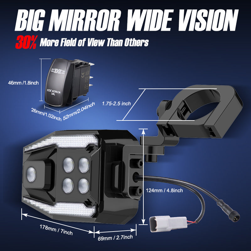 Upgraded Side Mirror Light for ATV UTV fit 1.5-2.5 inch roll cage