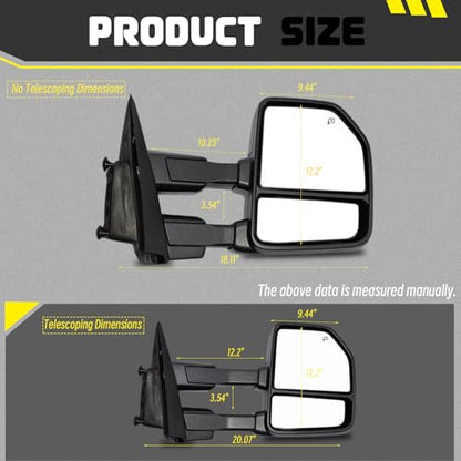 Pair Black Towing Mirrors Compatible with 2015-2020 Ford F150 Pickup Truck Trailer Side Mirrors Power Heated with LED Turn Signal, Auxiliary Puddle Lamp Temperature Sensor 22 to 8 Pin Adapter