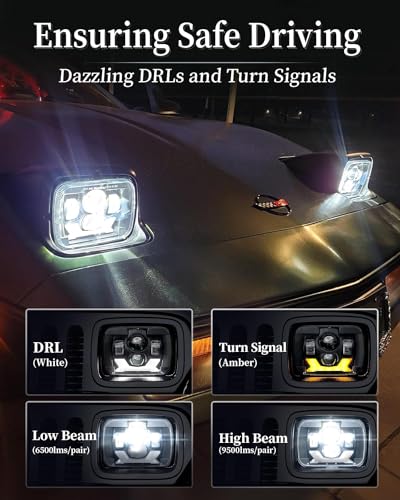 H6054 5x7 LED Headlights, Pair, Sealed Beam Replacement with DRL, Turn Signals & Hi/Lo Beam for Jeep Cherokee XJ, Wrangler YJ, Ford, Chevy, GMC, Toyota, Nissan & Dodge