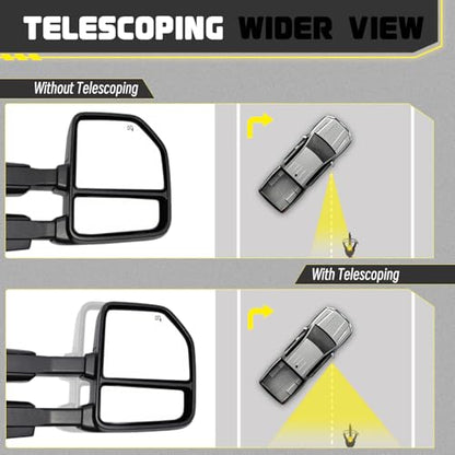 Pair Black Towing Mirrors Compatible with 2015-2020 Ford F150 Pickup Truck Trailer Side Mirrors Power Heated with LED Turn Signal, Auxiliary Puddle Lamp Temperature Sensor 22 to 8 Pin Adapter