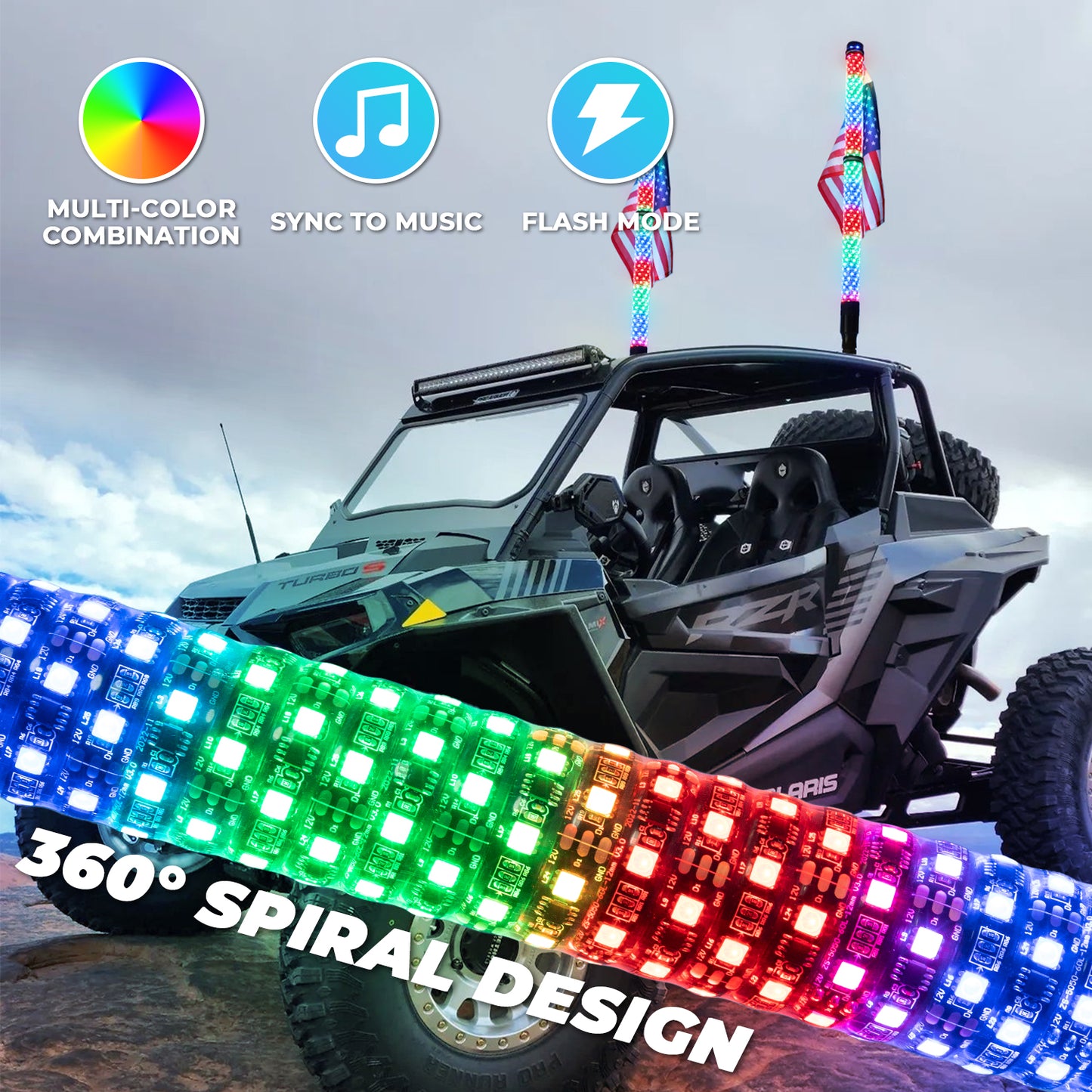 2FT/3FT Pair of RGB Chasing Fat Whips Lights with Bluetooth and Remote