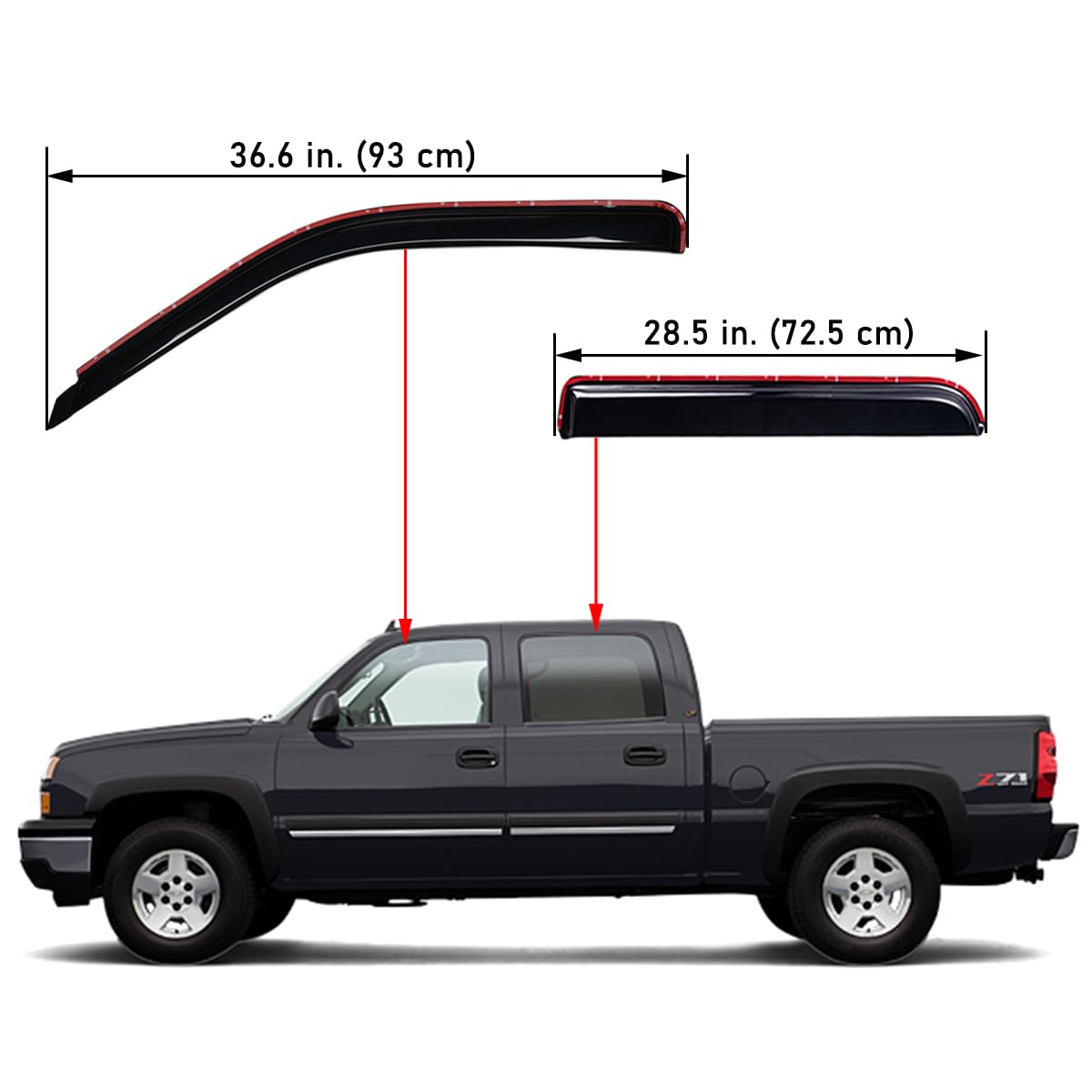 In-Channel Rain Guards (4-PCS) for 2001-2007 Chevy/GMC Crew Cab Pickups & SUVs (Smoke)