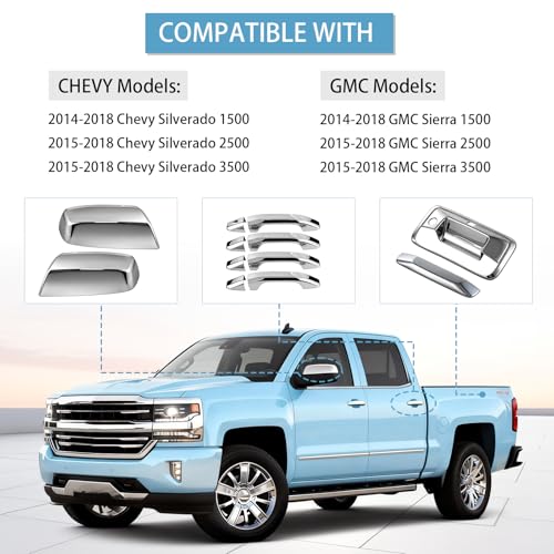 Chrome Door Handle Covers, Mirror Covers and Tailgate Cover with Camera Hole for 2014-2018 Chevy Silverado and GMC Sierra 1500 2500 3500