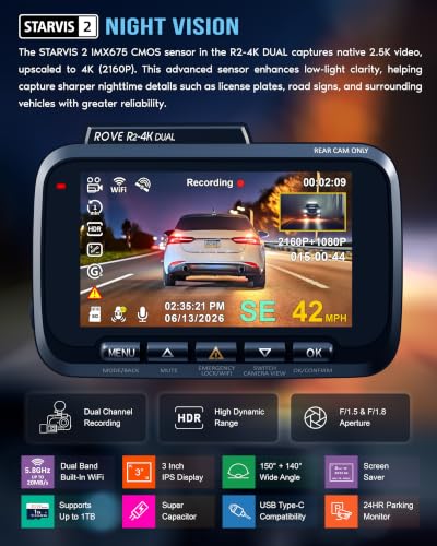 R2-4K Dual Dash Cam, 4K Front & FHD Rear, STARVIS 2, GPS, 5.8GHz Wi-Fi, 128GB Card