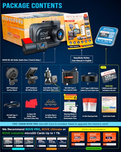 R2-4K Dual Dash Cam, 4K Front & FHD Rear, STARVIS 2, GPS, 5.8GHz Wi-Fi, 128GB Card