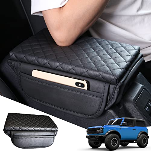 Center Console Armrest Cover for Ford Bronco Accessories 2021 2022 2023 2024 2025 2026 2/4-Door with Leather Side Pockets Interior Accessories Prevent Scratching
