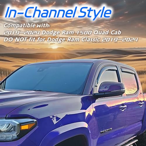 4PCS Window Rain Guards for 2019–2024 Dodge Ram 1500 Quad Cab, Smoked Vent Visors