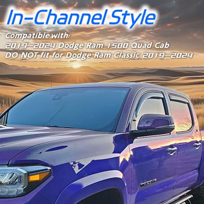 4PCS Window Rain Guards for 2019–2024 Dodge Ram 1500 Quad Cab, Smoked Vent Visors