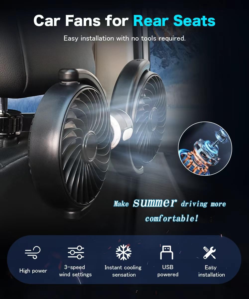 USB Powered Car Backseat Fan, Dual Head, Quiet, 3-Speed, 360° Circulation