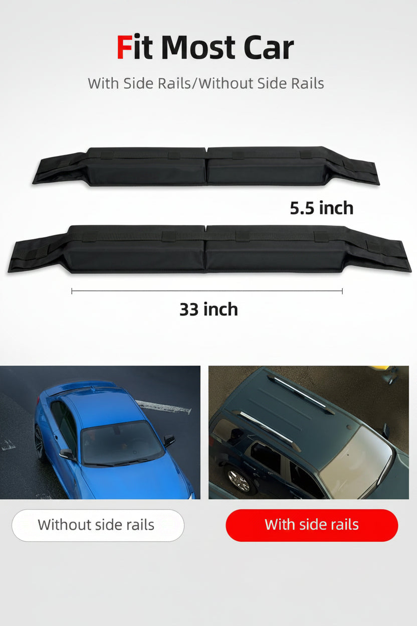 Soft Roof Rack Pads Kit (30") for Surfboard/Kayak - 2 Straps/Ropes/Hood Loops, Storage Bag Included