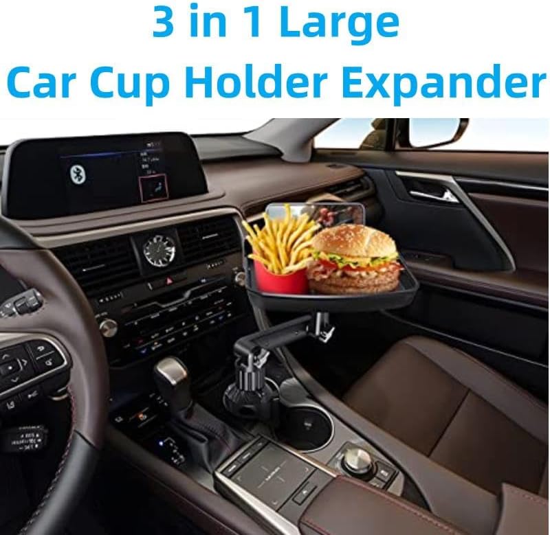 3-in-1 10" Car Food Tray with Cup Holder/Phone Mount - 360° Rotating, Detachable for Road Trips