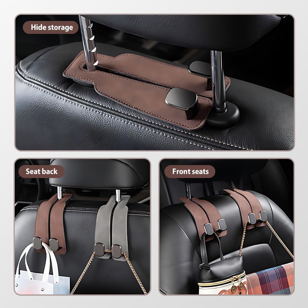 Twin Leather Headrest Hooks (2-Pack) for Bags & Purses - Car Seat Organizers (Black)