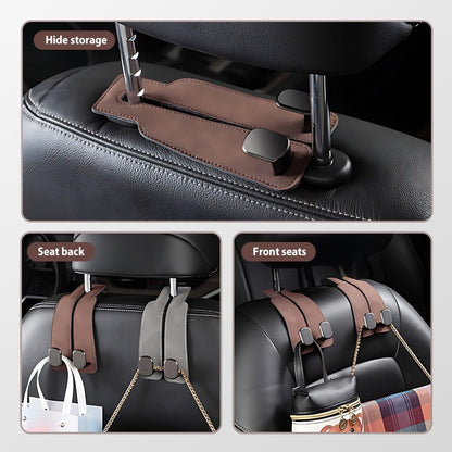 Twin Leather Headrest Hooks (2-Pack) for Bags & Purses - Car Seat Organizers (Black)