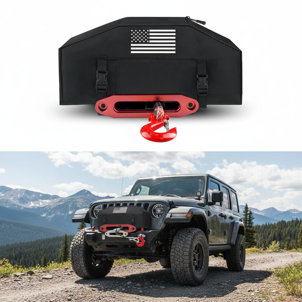 American Flag Winch Cover - Heavy Duty 900D Waterproof for 8000-12000 lbs Winches