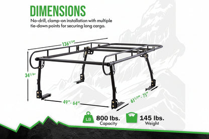 Over-Cab Truck Rack - 800 lb Capacity, Adjustable 49"-64", No-Drill Clamp-On Steel
